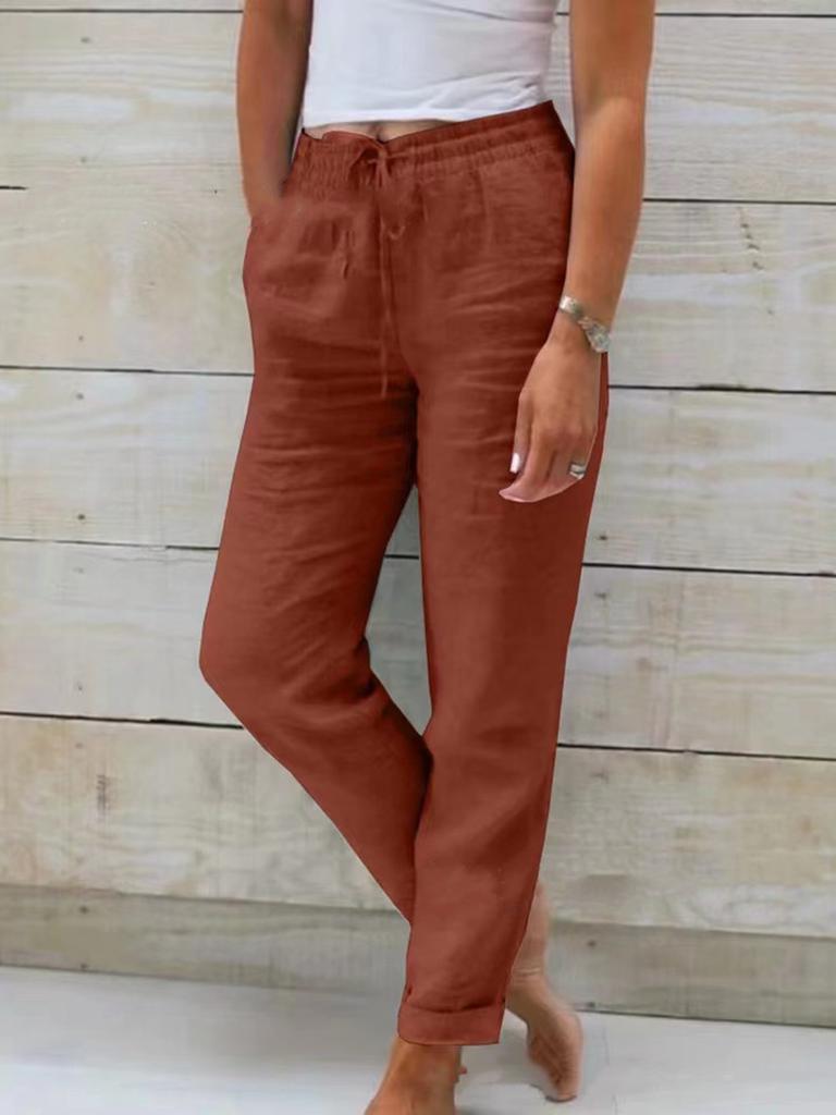 New Style Women's High Waist Elastic Waist Solid Cotton Linen Casual Pants