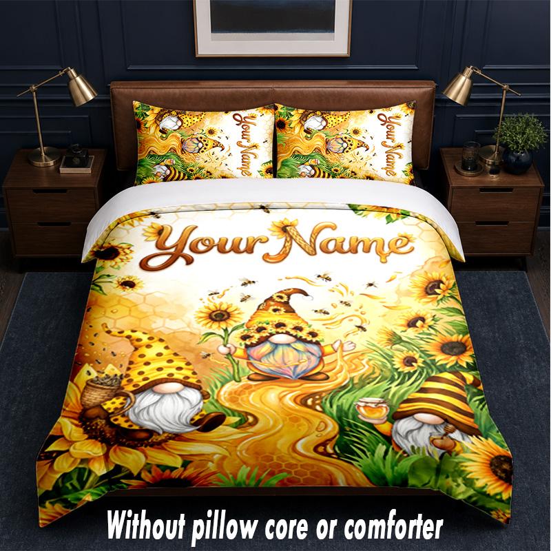 Gnome Theme Custom Text Or Name 3Pcs Bedding Set,1 Flat Sheet & 2 Pillowcases Personalized Home Bedding