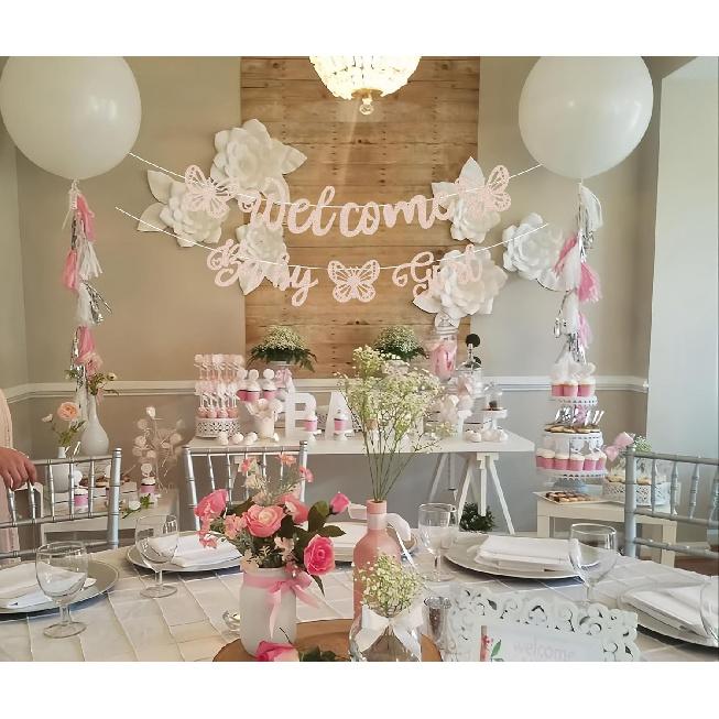 Pre-Strung Welcome Baby Girl Banner - Rose Gold Glitter Butterfly Theme Baby Shower Decorations, Perfect for Gender Reveal Party/Baby Girl Birthday