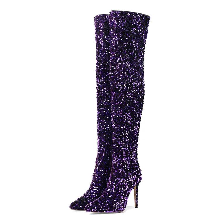 Europäische und amerikanische sexy Paillettenstoffe mit Farbverlauf, High Heels, Seitliche Reißverschlüsse, Knielange Mode-Stiefel, Damenstiefel mit dicker Sohle