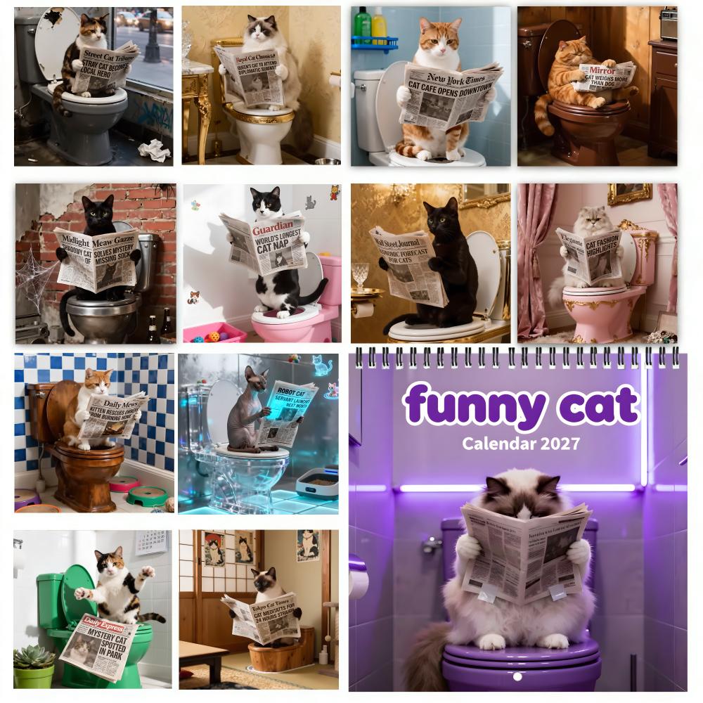 Funny Cat Reading Newspaper 2027 Wall Calendar Spiral Bound Thick Coated Paper Monthly Planner Home Office Pet Lovers Christmas
