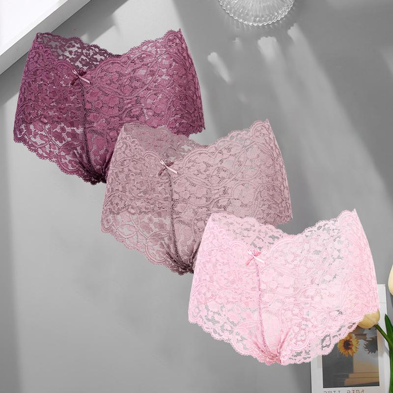 3Pcs/Set Sexy Lace Bowknot Boxer Shorts For Women Seamless Hollow Out Perspective Boyshort Female Sport Breathable Lingerie S-XL