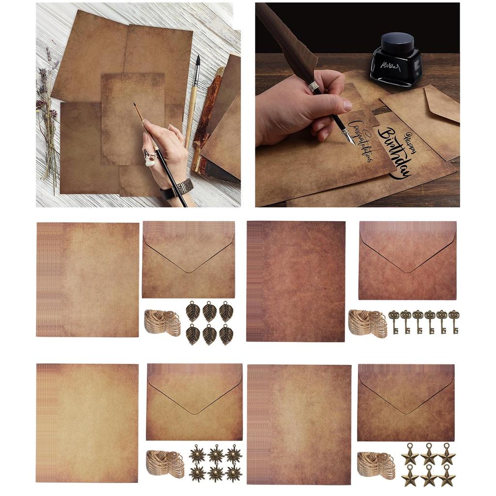 Pergamenový papír starožitné barvy s potiskem, psací potřeby, vintage dopisní papír a obálka pro řemeslné účely, pozvánky,