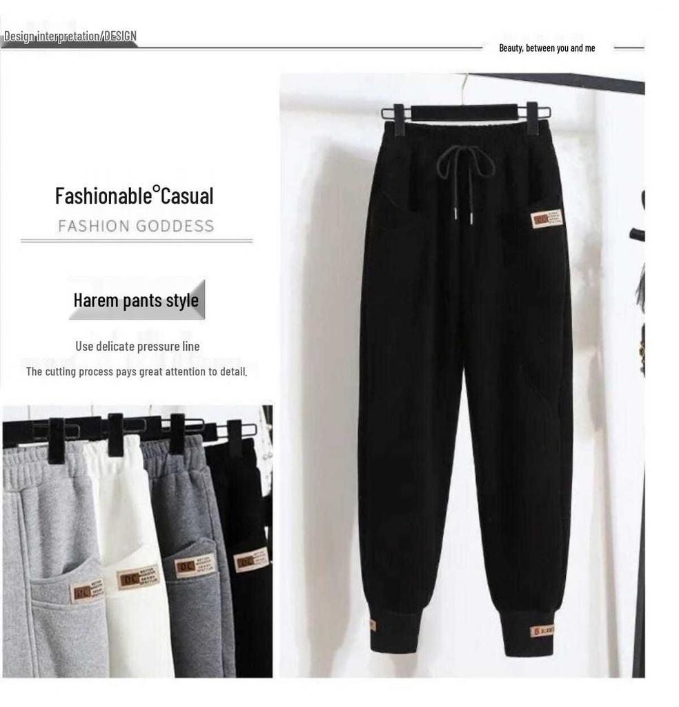Women's Velvet Fleece-Lined Jogger Pants - Casual, Loose-Fit Harem Style