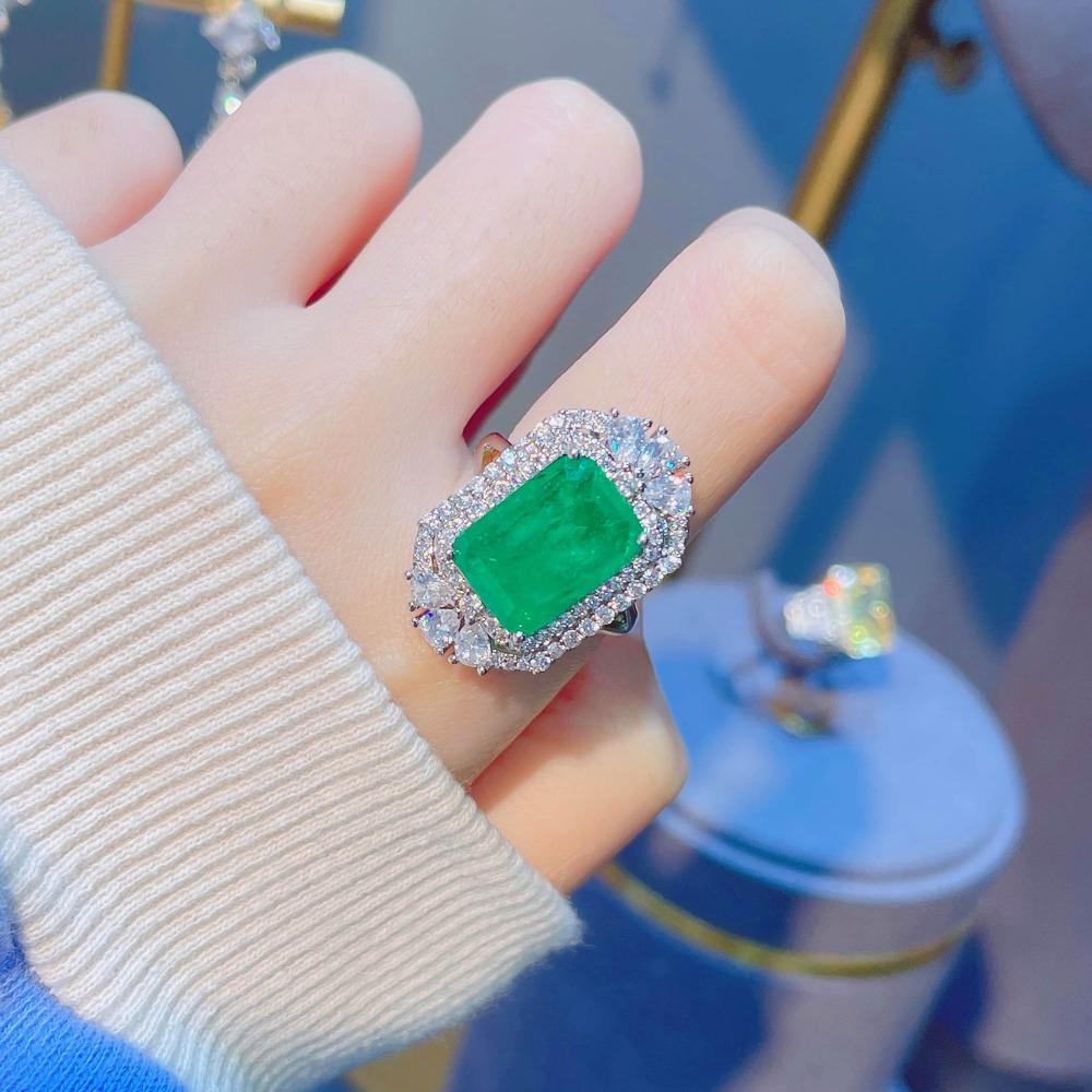 Open Ring Luxury Emerald Cotton Inclusions Imitation Full Diamond Paraba Gemstone Statement Ring