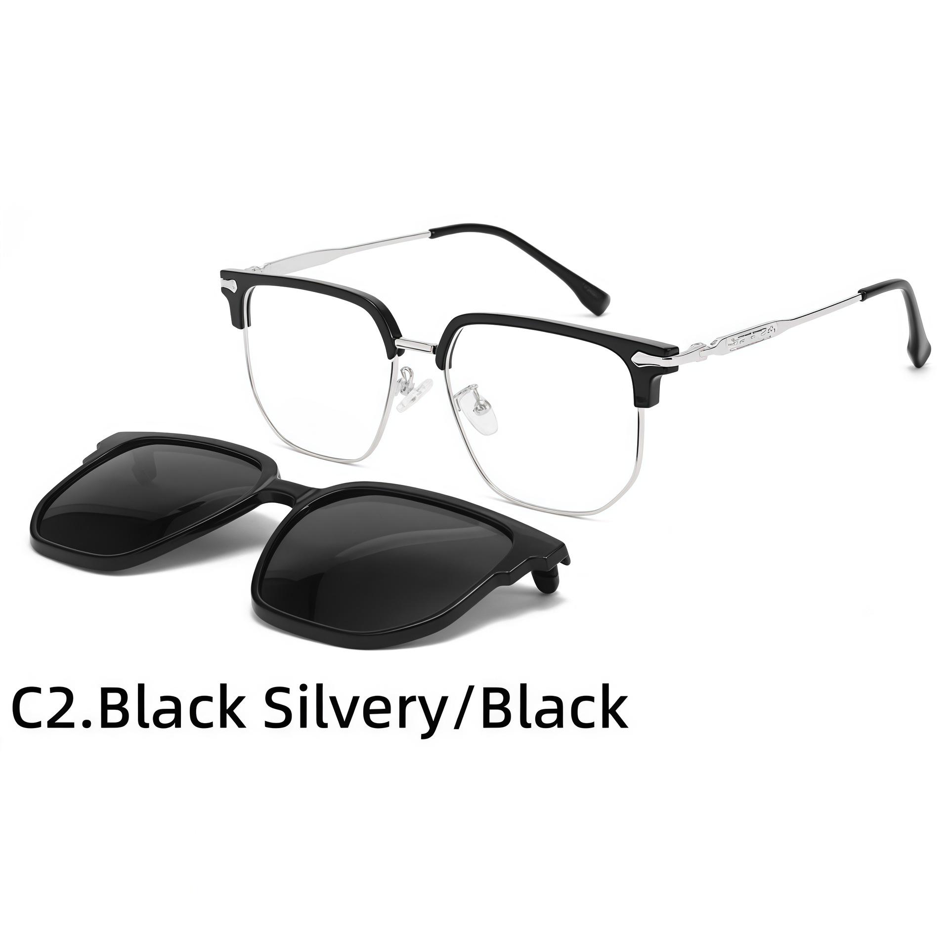 Semi-Rimmed Polarized Clip-On Eyebrow Bar Metal Glasses for Men
