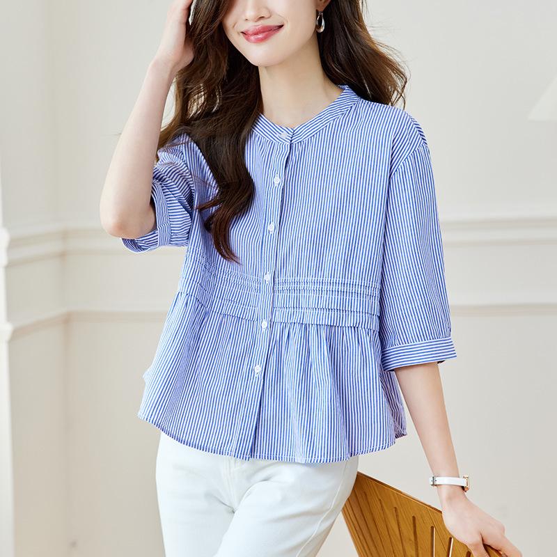 

Женская летняя дизайнерская полосатая рубашка с коротким рукавом, плиссированная, с темпераментом, с круглым вырезом, для делового стиля XS