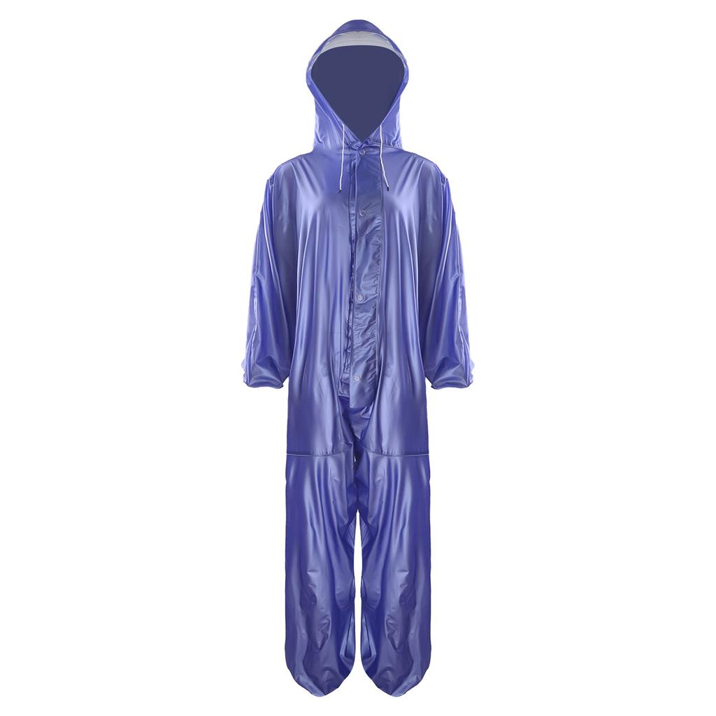Unisex Full Body Hooded Raincoat Drawstring Hood Front Button Zipper One Piece Waterproof Jumpsuit Workwear