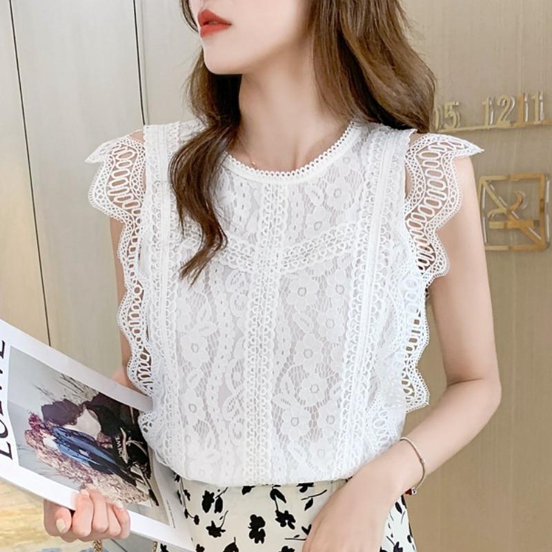Elegant motekrok Blomst hule klær Koreansk Stilig ermeløse hvite topper Sommer blonder dameskjorte og bluser Blusas 26616