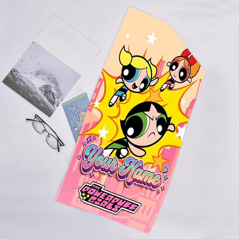 1pc Powerpuff Beach Towel with Custom Name, Beach and Seaside Swimming Pool Equipment, Fashion Pattern, Rectangular, Travel Essential