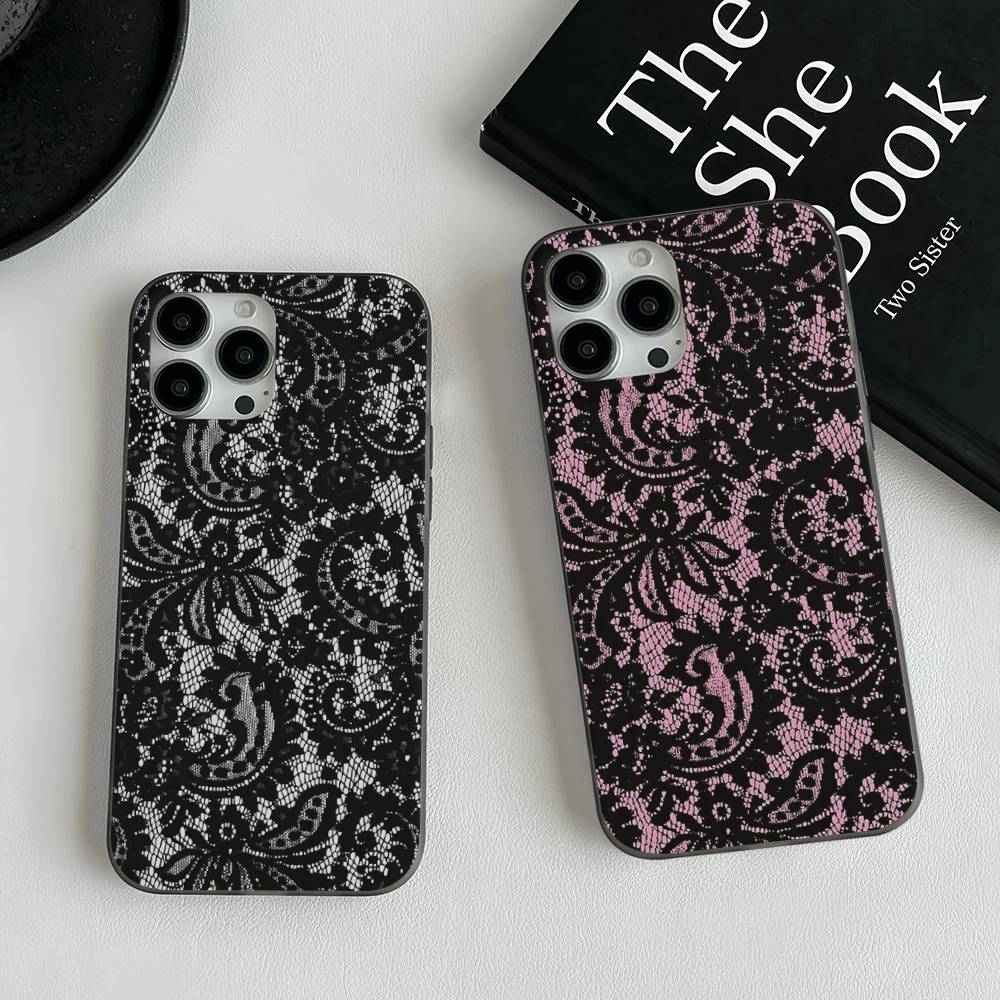 Black Lace Pattern Personalized Mobile Phone Case For IPhone 17 16 15 11 12 13 14 Pro Max Soft Corrugated Silicone Cover Case