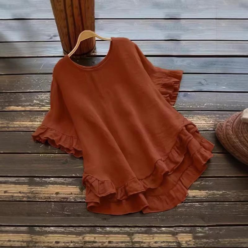 Plus Size Women's Ice Silk Pleated Ruffle Top with Flare Sleeves and Round Neck.