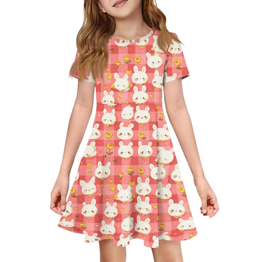 Robe d'été pour fille Couleur & Imprimé Manches Courtes Avec Poche Robe Décontractée Manches Courtes Robe de Soirée Jour de Pâques