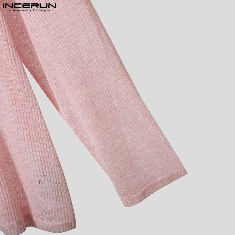 INCERUN Men Scoop Neck Long Sleeve Loose See Through Rib Undershirts Basics Tops