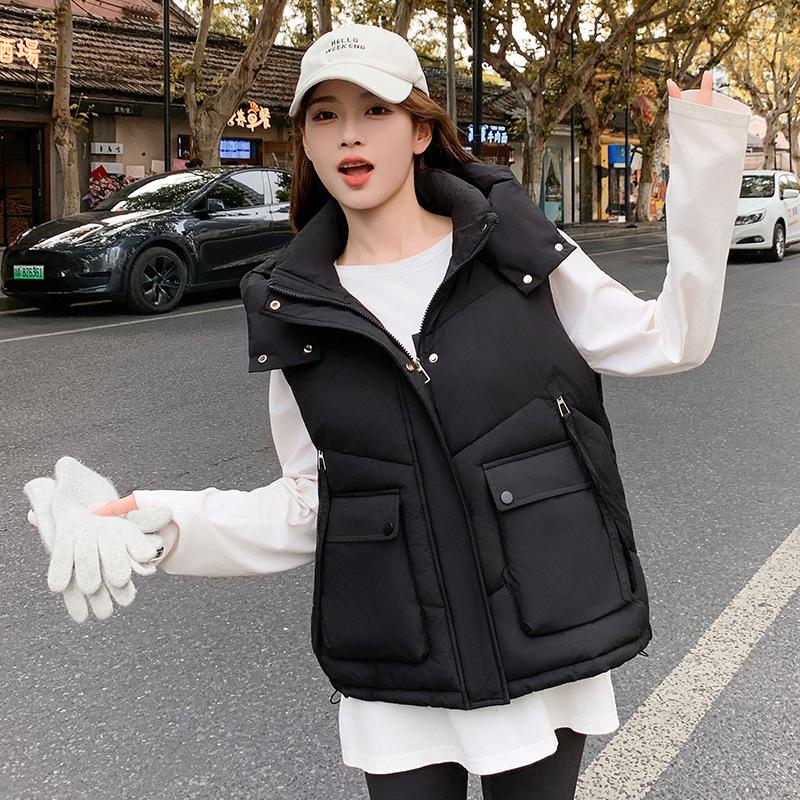 Single large size hooded down cotton vest women's autumn and winter loose cotton vest short big pocket vest jacket