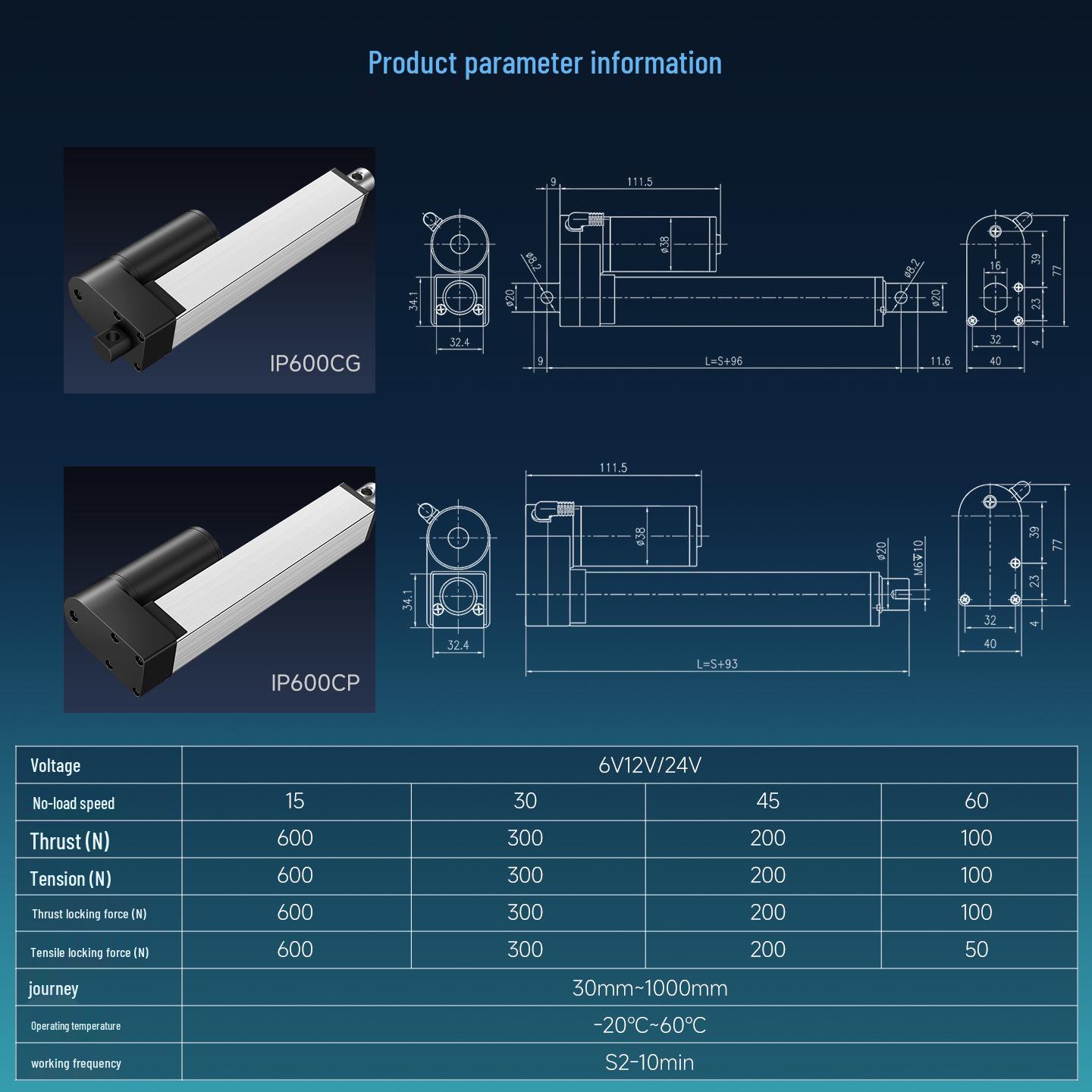 

Промисловий 12 В постійного струму електричний телескопічний лінійний двигун високої тяги із захистом IP600 Stroke 50mm