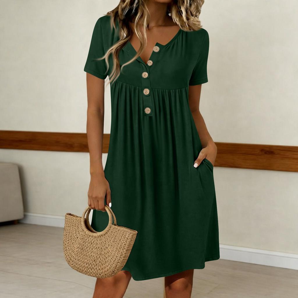 Women's Fashionable Color Round Neck Short Sleeved Button Neck Mid Length Casual Dress