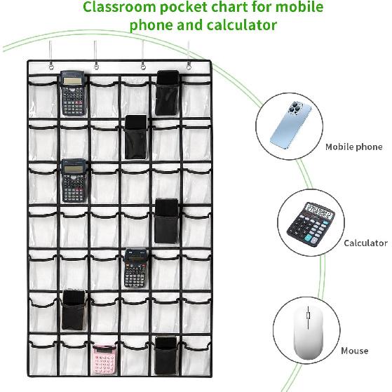 42 Clear Pockets Classroom Pocket Chart for Cell Phones and Calculator, Pocket Chart Organizer for Classroom Phone Storage Holder with 42 Number