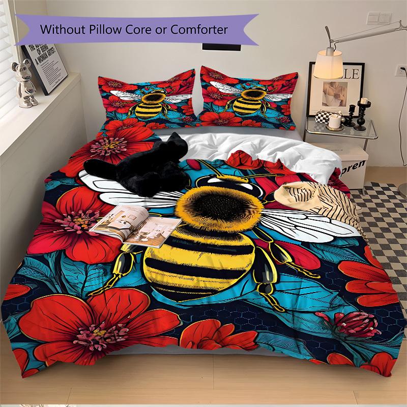 3pcs Bee Print Duvet Cover Set - Includes 1 Duvet Cover and 2 Pillowcases, No Quilt Core, All-Season Home Decor yy251111037