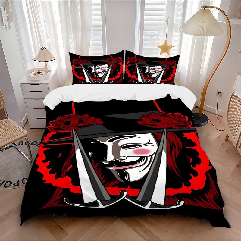 

3pcs V for Vendetta Bedding Set, Soft Polyester Duvet Cover and Pillowcases Machine Washable Seasons all suitable & Guest Room Decor222 135x200cm