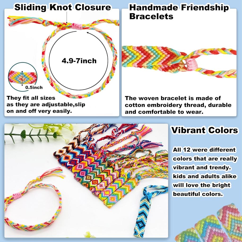Woven Friendship Bracelets for Kids Girls Wowen, 12 Pack Handmade Adjustable Friendship Bracelet with Knot, Multicolor Braided Bracelets for End of