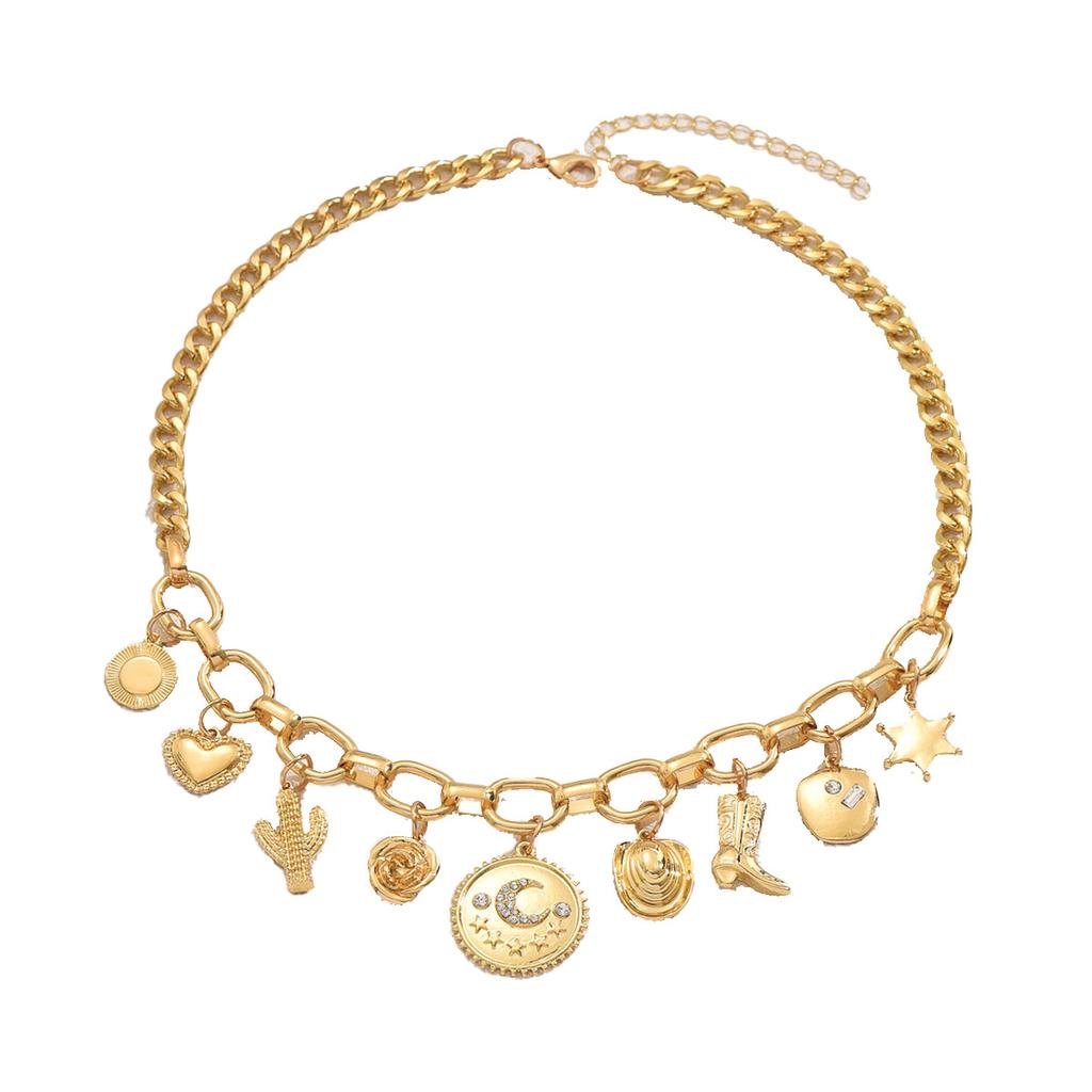 Popular Women's Necklace, Geometric Heart-shaped Crescent Moon Design Pendant with Diamond Collarbone Chain Versatile