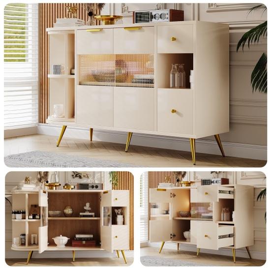 Dining Room Sideboard Living Room Storage Cabinets with Glass Sliding Doors, LED Lights Wooden Dressing Free-Standing Cupboards Buffet Cabinet Kitchen
