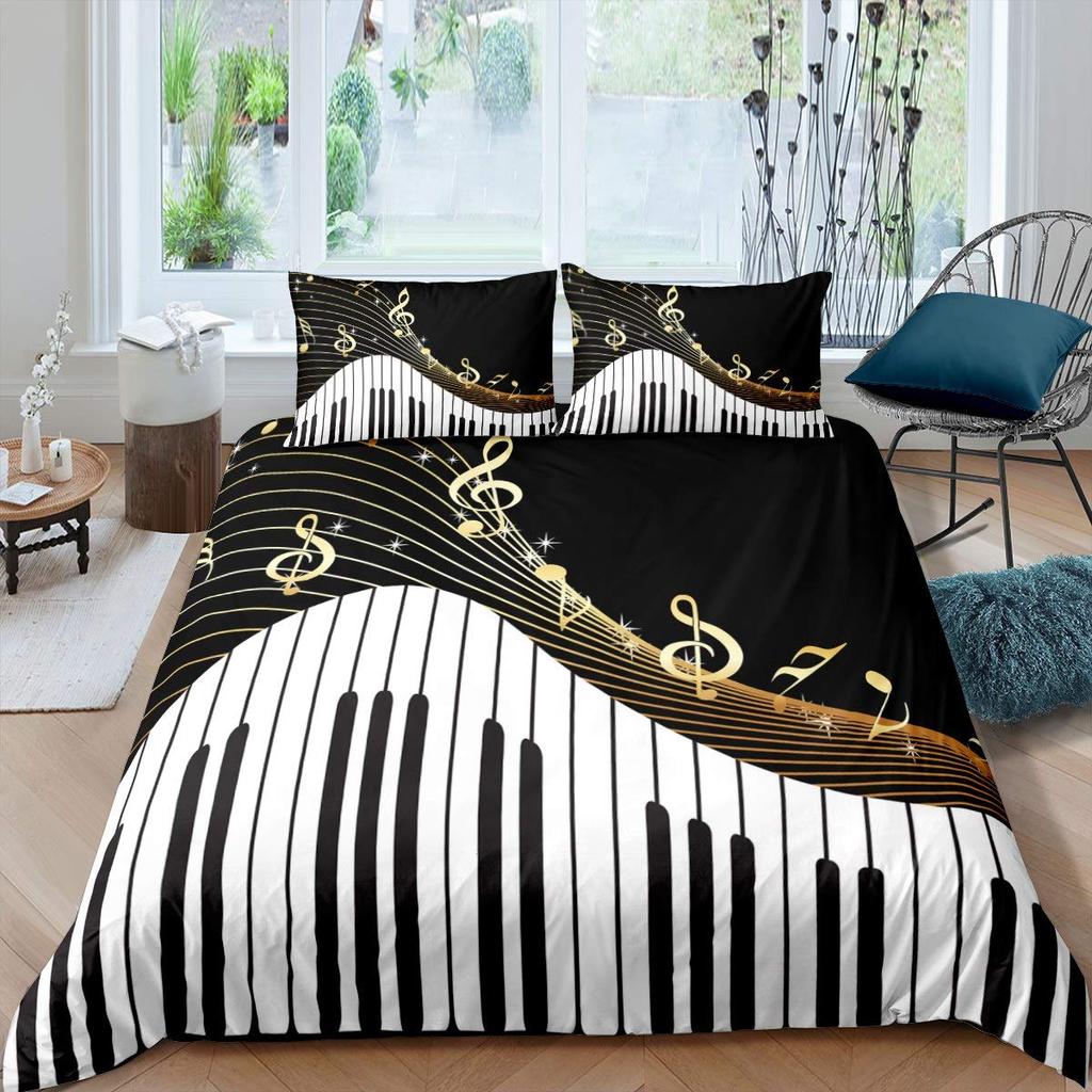 Black White Piano Keys Musical Symbols 3D Printed Bedding Set Cozy Duvet Cover King Queen Twin Size Birthday Gift Bedroom Decor