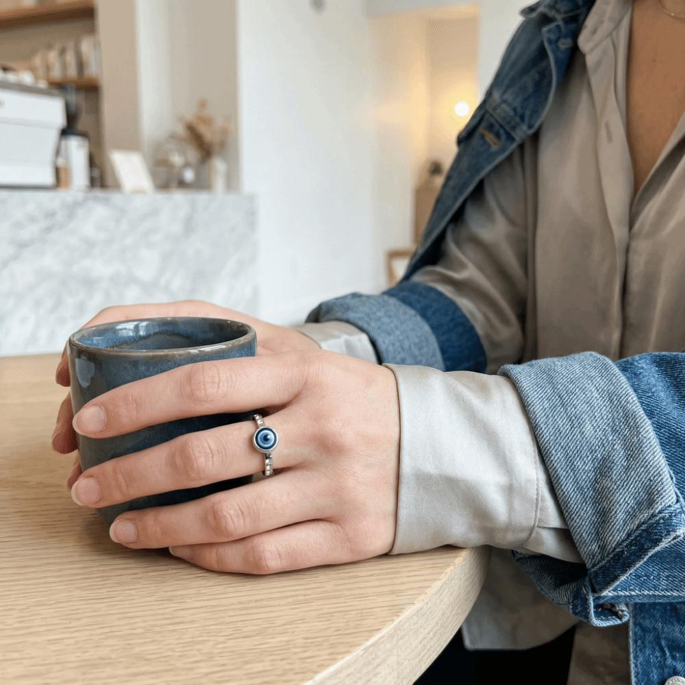 Versatile Use Blue Eye Ring Simple Style Rhinestone-Studded Ring Titanium Steel Ring Gift