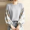 ZANZEA Women Casual Round Neck Print Splice Long Sleeve Loose Blouse