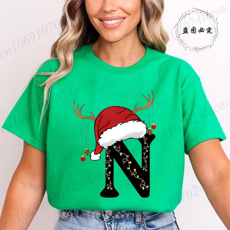 Fashion Merry Christmas Gift for Female Clothing Christmas 26 Alphabet Print TShirt for Women Casual Xmas Tees Short Sleeve Top