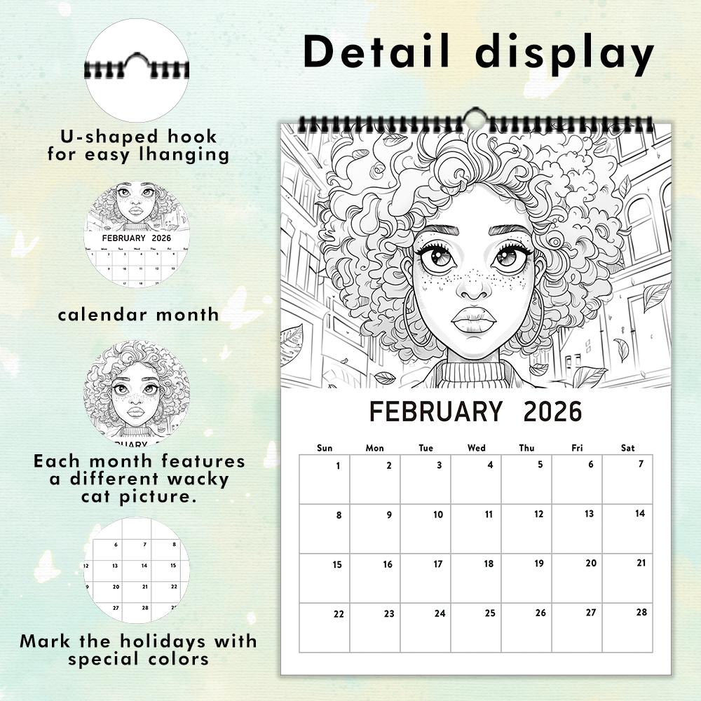 1pc 2026 Hanging Calendar, Black Women Coloring Calendar,12 Beautiful Designs, Monthly Plans,Perfect Gift for Birthday,Christmas