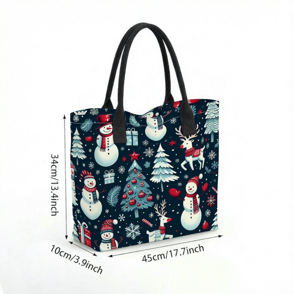  Christmas Snowman Print Casual Tote Bag Fashion Large Capacity Shoulder Handbag for Daily Use