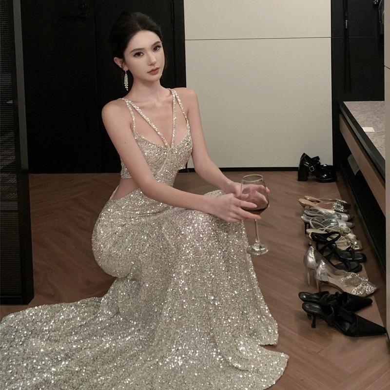 Sexy Evening Dress Women's High-end Heavy Industry Sequined Fishtail Dress Design Waist Dress