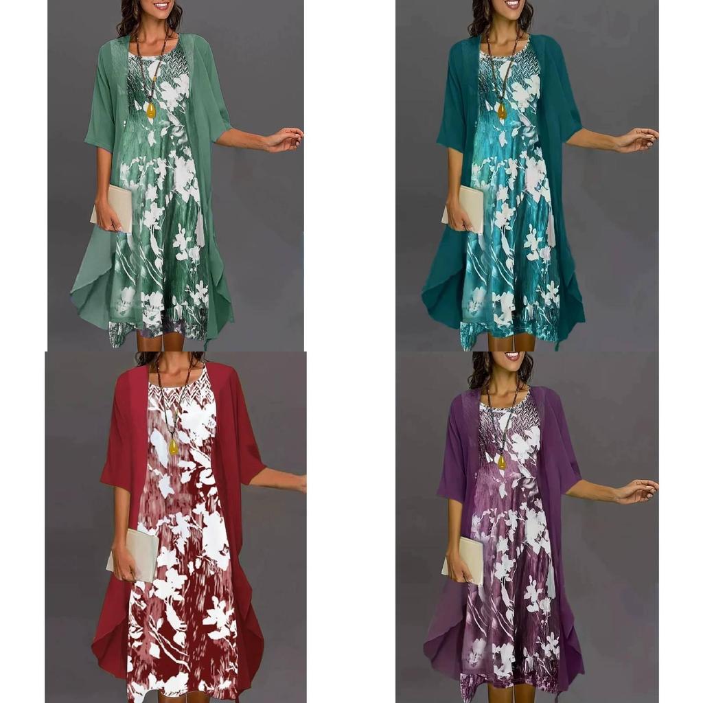 Elegant Polyester Chiffon Twopiece Dress With 3d Print For Spring Fashion