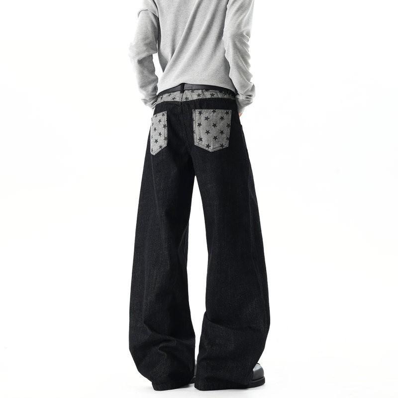 Mens Vintage High Street Flare Jeans Star Patchwork Original Denim Pants Casual Streetwear