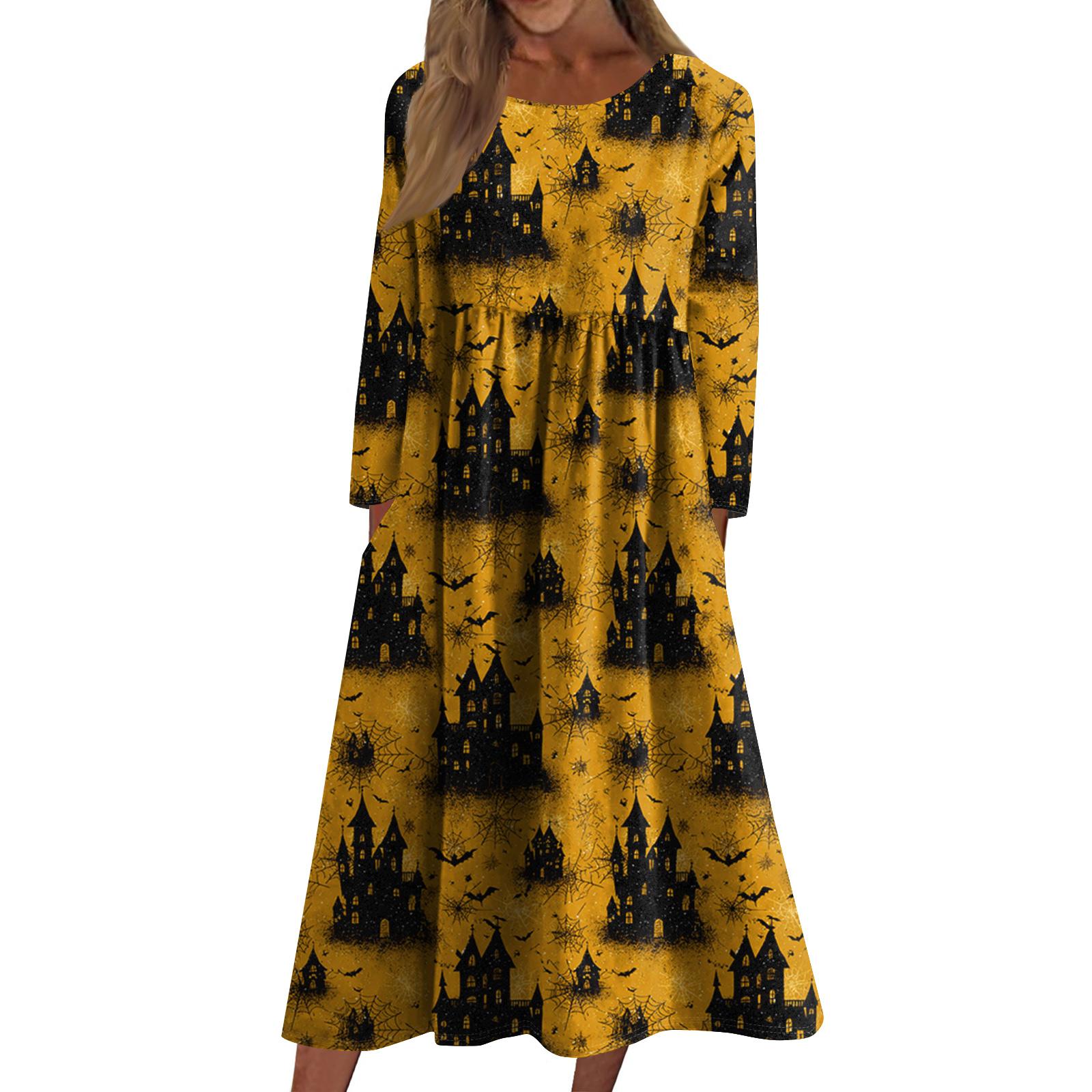 

Женское повседневное платье средней длины с круглым вырезом и принтом Хэллоуина, платье средней длины с длинными рукавами и карманом XL жёлтый