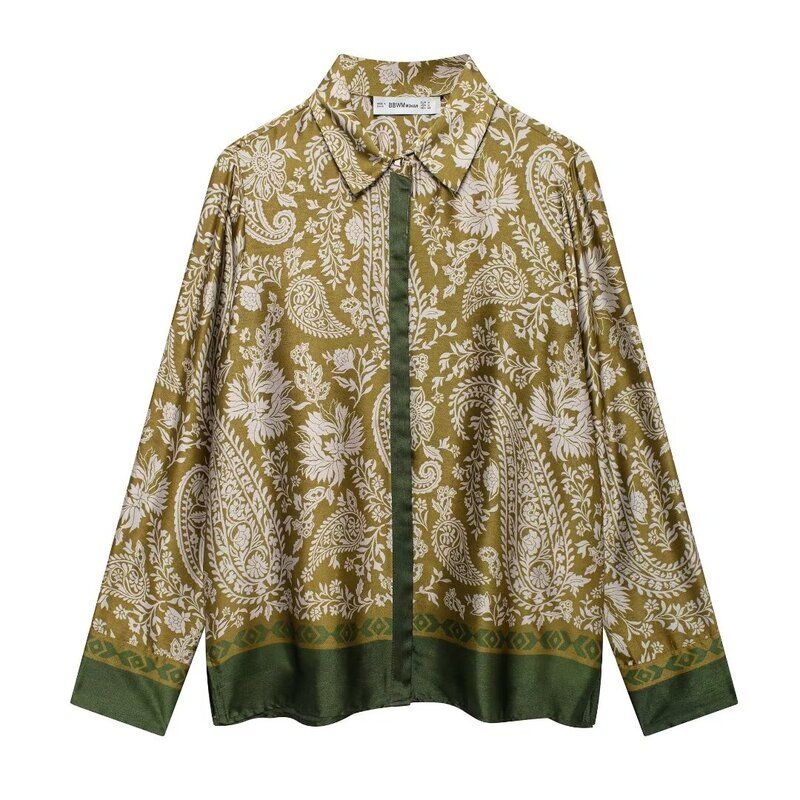 Fashion Style 2024 Fall and Winter New Women's Clothing Temperament Printed Silk Satin Texture Long Sleeves Lapel Shirt 8956192