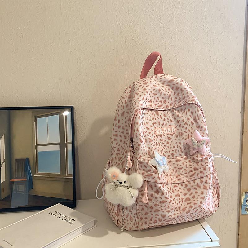 Fashion Pattern Leopard Student Backpack With Plush Pendant For Daily Use
