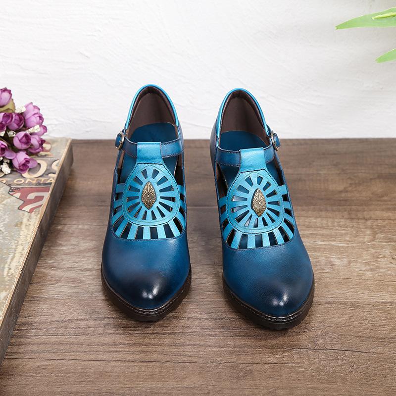 Johnature Genuine Leather Hollow Out Thick Heel Pointed High Heels Retro Pumps Hand Painted Shallow Women's Shoes
