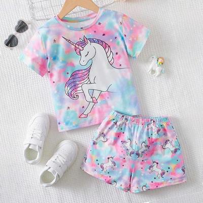 Girls' 3D Unicorn Tee & Shorts Pajama Set Pink Short Sleeve 3D Print Summer Active Fashion Cute Polyester Kids 3-12 Years
