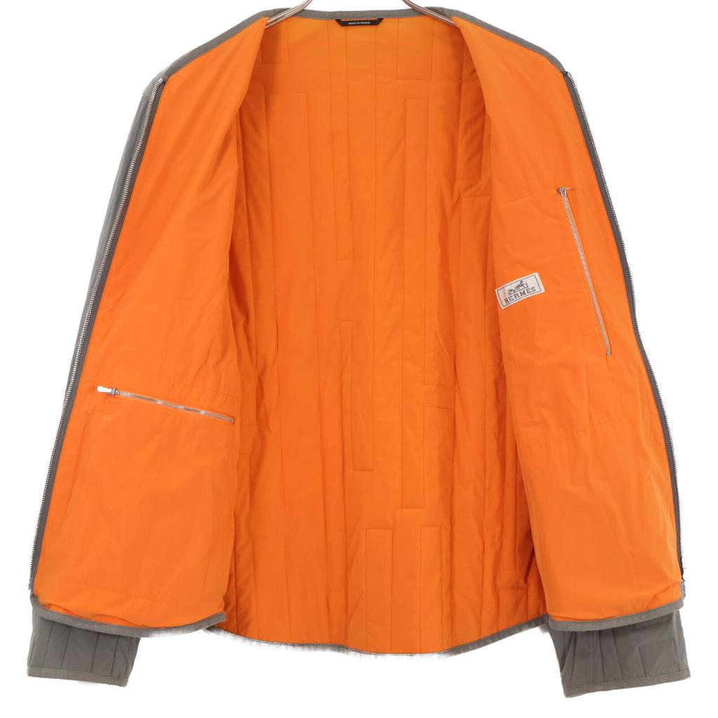Hermes Domestic Genuine Nylon H Motif W-zip Collarless Quilted Jacket Jacket 48 Gray X orangeUsed