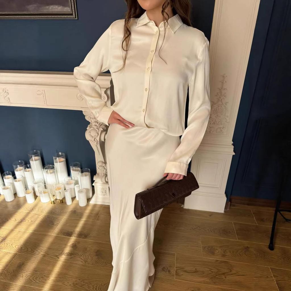 Spring and Autumn New European and American Women's Clothing Cross-border Satin Shirt Dress Women's Waist Long Fishtail Dress Long Dress