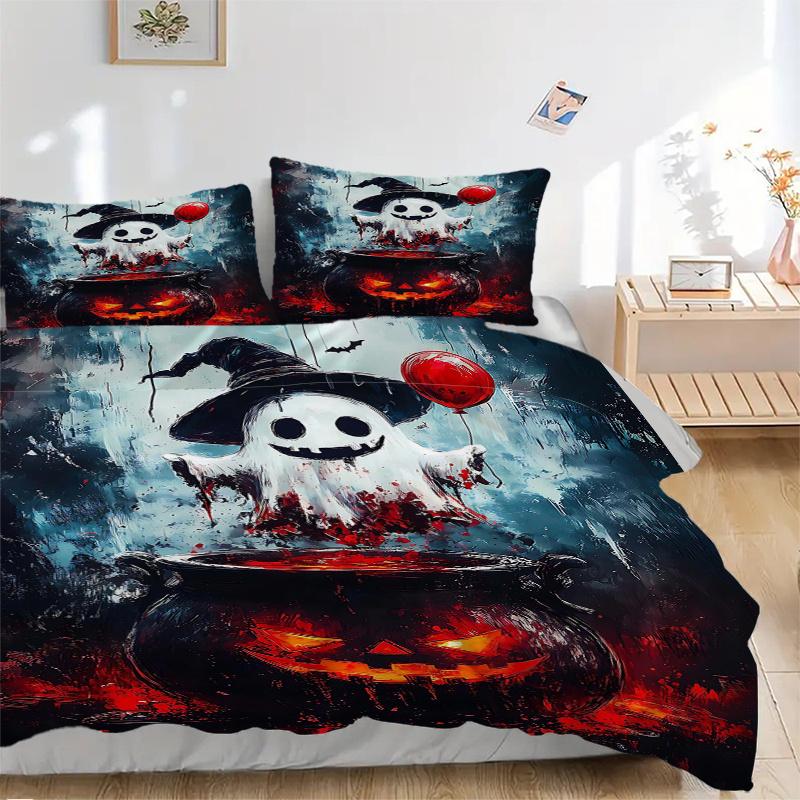 3pcs Halloween Ghost Printed Duvet Cover Set (1 * Cover+2 * Pillowcase, Without Core), Suitable for Home Bedroom, Guest Room, Dormitory Decoratio