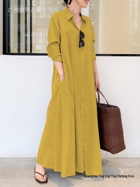 2026 European Cotton Linen Long Sleeve Lapel Shirt Dress with Patch Pocket – Casual, Loose Fit