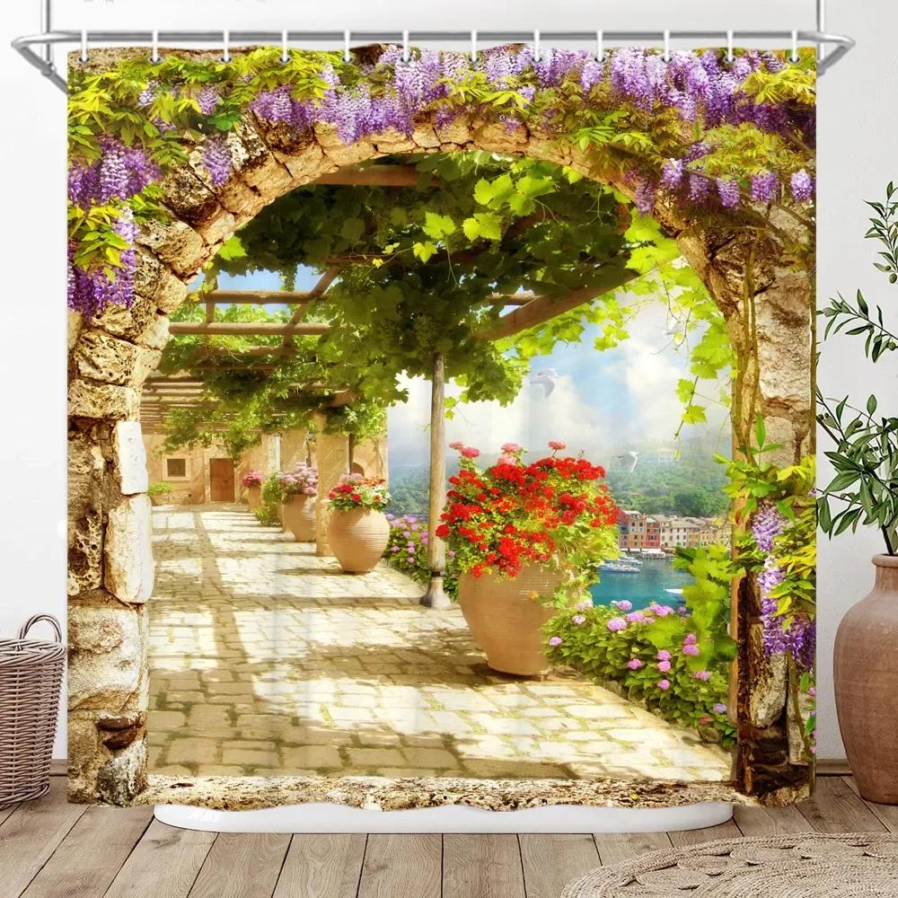 

3D Roman Column Palace Sea View Shower Curtain Green Palm Tree Lake Landscape Bathroom Decor Bath Curtain Polyester Fabric Hooks 180x210cm-70x83in