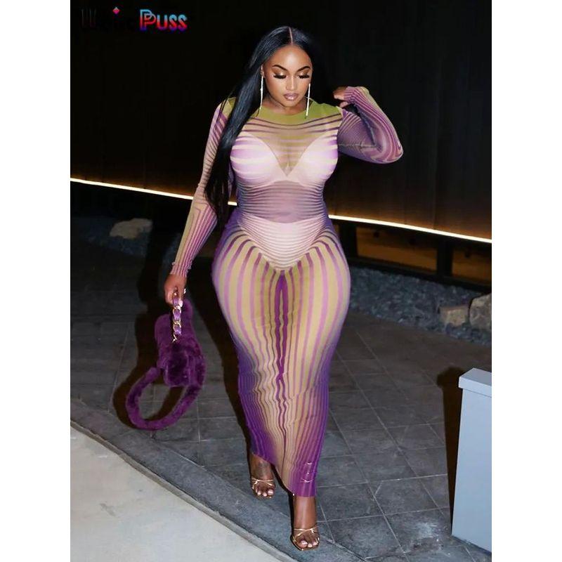 

Странная киска Сексуальное полосатое платье для вечеринки Прозрачное Женское PURPLE L(L)