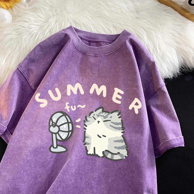 American Street Creative Blow Fan Cat Pure Cotton T-shirt Men Women Summer Relaxed Short Sleeve Couple Vintage Water Washing Top