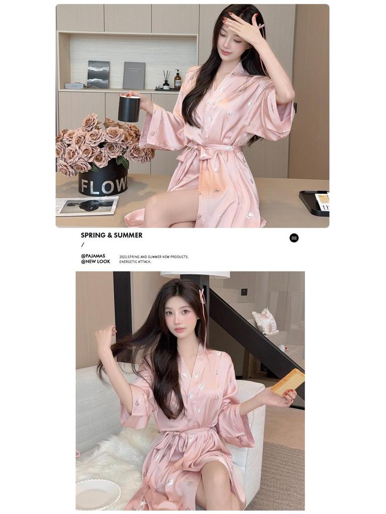 Women's Ice Silk Butterfly Print Summer Bathrobe - Hotel Style Yukata Pajamas with Tie-up Waist