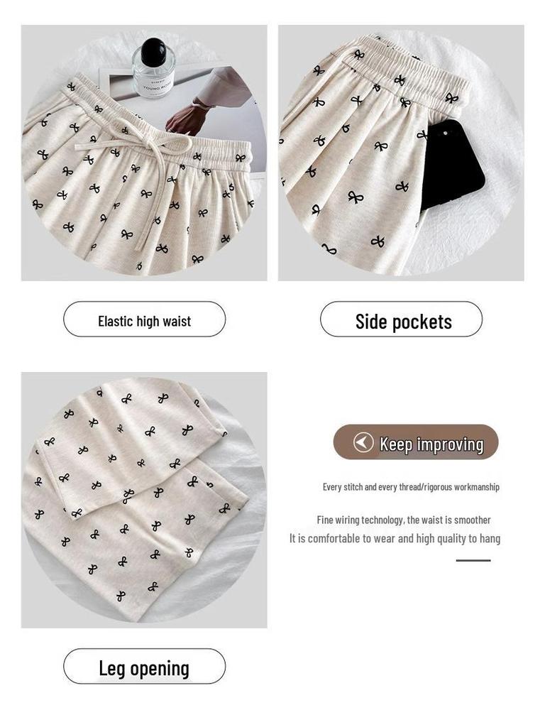 2024 Women's High-Waist Wide Leg Pants: Bow Detail, Soft Glutinous Fabric, Slimming, Casual, Petite Fit for Spring & Autumn